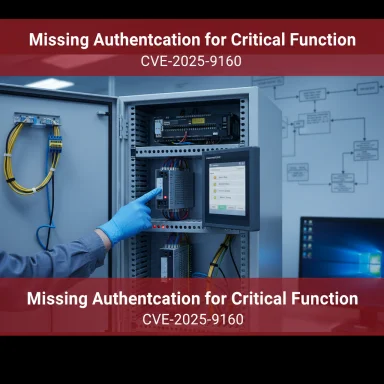Blue-gloved technician inspects a server rack control panel, highlighting Missing Authentication for Critical Function.