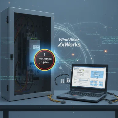Server rack and laptop display a CVE-2022 update alert for Wind River lxWorks.