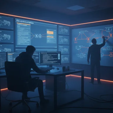Cyber operations room with two analysts monitoring wall-sized screens displaying network diagrams.