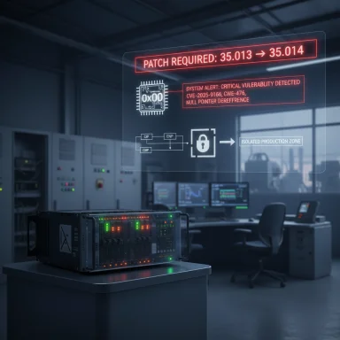 A high-tech lab with a server rack beneath a holographic patch-alert display.