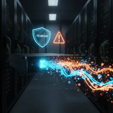 Data center server rack with holographic blue shield CVE-2025-53797 and an orange warning triangle.