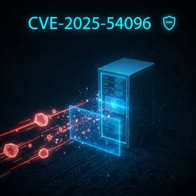 Neon blue server with CVE-2025-54096 and red attack beams.