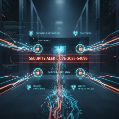 High-tech security dashboard shows CVE-2025-54095 alert in a data center.