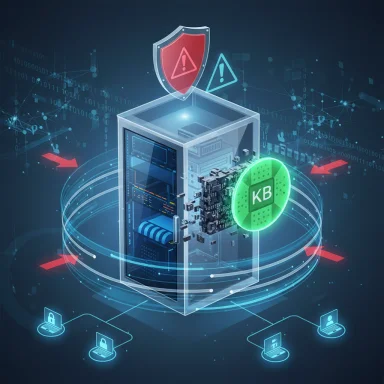 A transparent server inside a glass cube, surrounded by cybersecurity icons and digital network graphics.