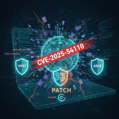 A futuristic cybersecurity graphic shows the CVE-2025-54110 patch across holographic shields.