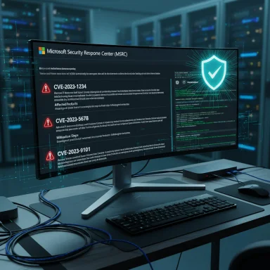 Monitor displays Microsoft Security Response Center alerts with red CVE warnings and a glowing shield. Monitor displays Microsoft Security Response Center alerts with red CVE warnings and a glowing shield.