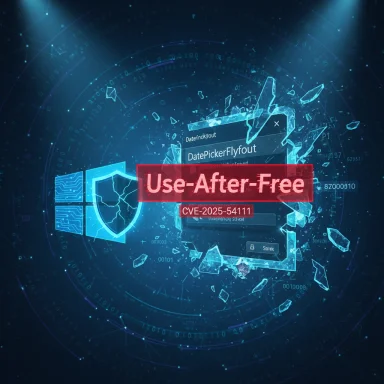 Futuristic cyber-security graphic highlighting a Use-After-Free vulnerability (CVE-2025-54111).