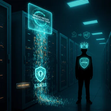 Crowned silhouette in a data center faces glowing security holograms and a LSASS shield.