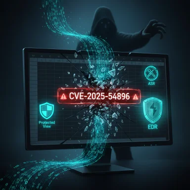 Hooded hacker breaches a monitor displaying red CVE-2025-54896 alert.