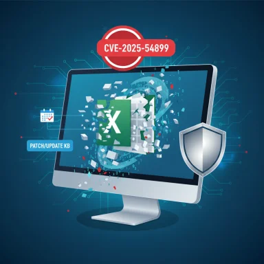 CVE-2025-54899 warning: Excel vulnerability with patch/update KB depicted.