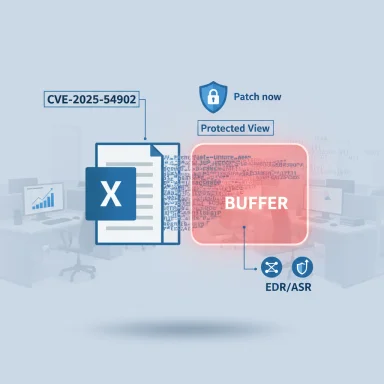 Illustration of CVE-2025-54902 Excel vulnerability with a buffer, highlighting patch and Protected View.