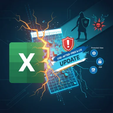 Cybersecurity-themed artwork: an Excel logo undergoing a patch with shields and a knight defender.
