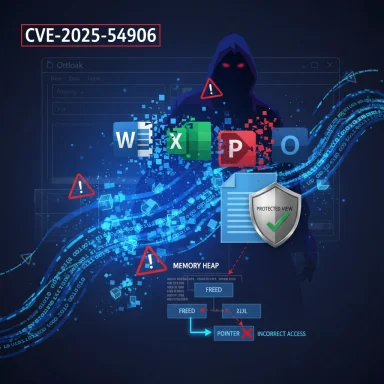 CVE-2025-54906 cyberattack targeting MS Office apps (Word, Excel, PowerPoint, Outlook) shown by a hooded attacker.