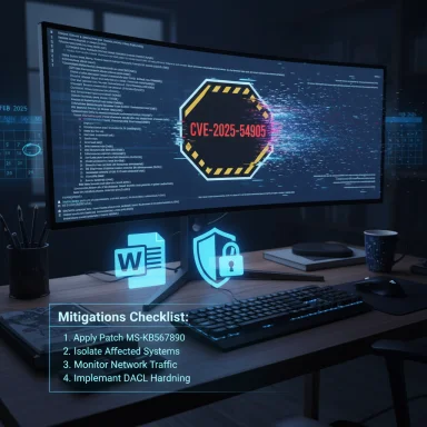Tech desk with a monitor showing CVE-2025-54905 and a mitigation checklist. Tech desk with a monitor showing CVE-2025-54905 and a mitigation checklist.