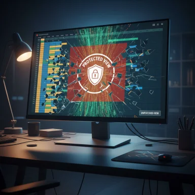Shattered monitor shows a Protected View shield over a data dashboard.