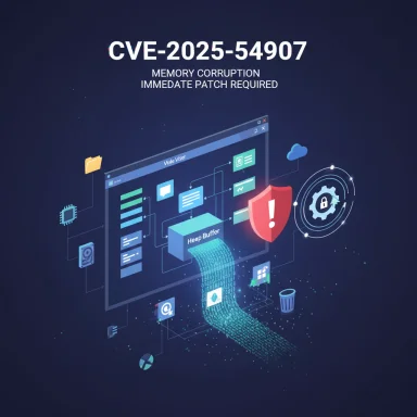Futuristic security illustration highlighting CVE-2025-54907 memory corruption and urgent patch.