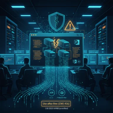 Futuristic data center with security dashboards highlighting a use-after-free vulnerability (CWE-416).