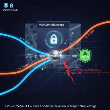 Infographic of CVE-2025-54913: race-condition elevation in MapControlSettings with a mutex and UI threads.