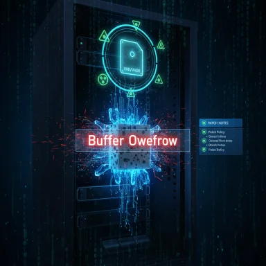 Futuristic server rack glowing with neon “Buffer Overflow” warning and holographic diagnostics.