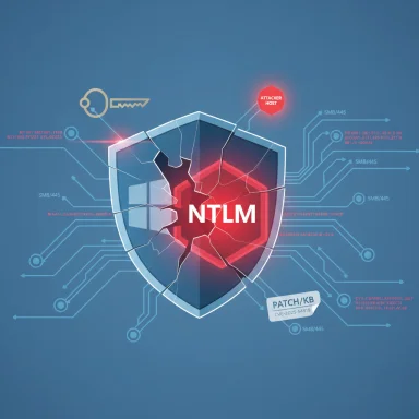 Cracked shield with NTLM at center, attacker host nearby, highlighting a cybersecurity vulnerability.