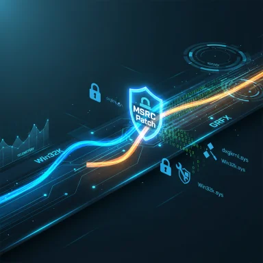 A glowing shield labeled MSRC Patch protects a high-tech digital network.