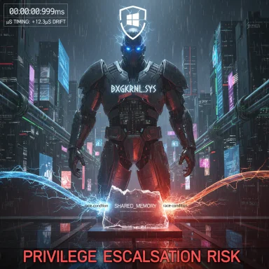 A futuristic armored cyborg looms over a neon, rain-soaked city, labeled 'Privilege Escalation Risk'.