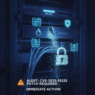 A server rack shows a cybersecurity alert: patch CVE-2025-55225 now. A server rack shows a cybersecurity alert: patch CVE-2025-55225 now.