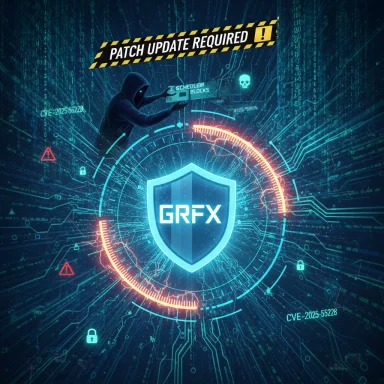 Hooded hacker targets a glowing GRFX shield amid neon circuitry and a patch update banner.