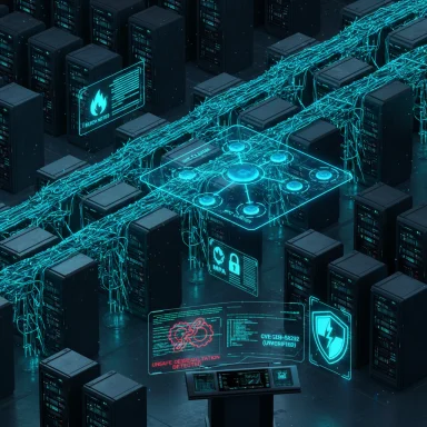 A futuristic data center with neon holographic dashboards showing an unsafe deserialization alert.