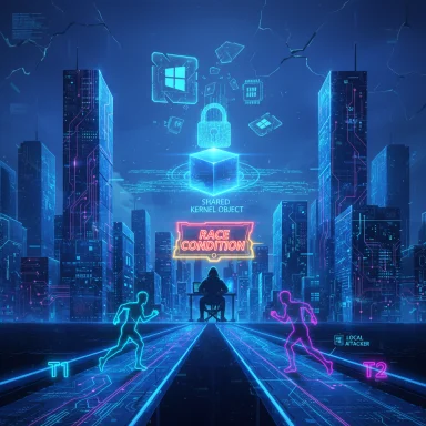 Neon cyberpunk cityscape as two runners race toward a central hacker under a glowing “RACE CONDITION” sign.