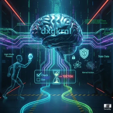 Neon-lit brain with circuit traces illustrating kernel actions and TOCTOU security.