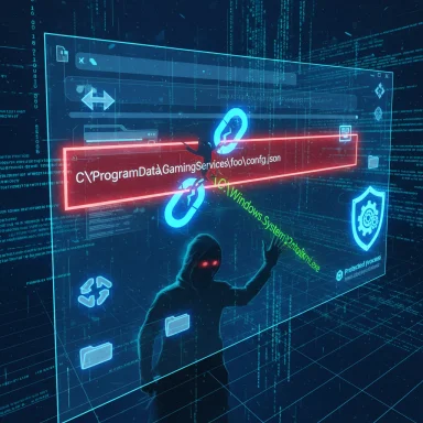 A hooded hacker breaches a holographic Windows-like interface, highlighting a config.json path. A hooded hacker breaches a holographic Windows-like interface, highlighting a config.json path.
