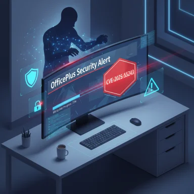 Futuristic desk displays an OfficePlus Security Alert with CVE-2025-55243 and a hacker silhouette.