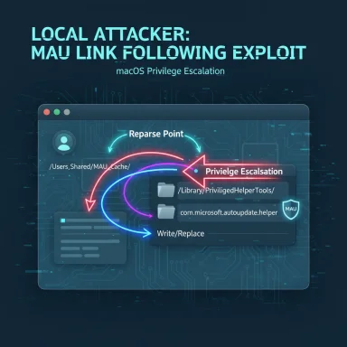 Diagram showing a local macOS privilege-escalation exploit via MAU link-following.