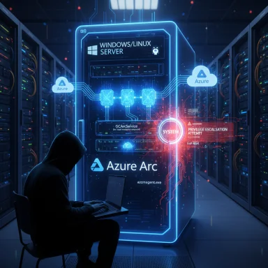A hooded figure works on a laptop in a data center, surrounded by glowing Azure Arc Windows/Linux servers.