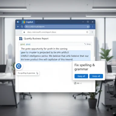 Copilot-style AI suggests grammar fixes on a Quarterly Business Report in a modern office.