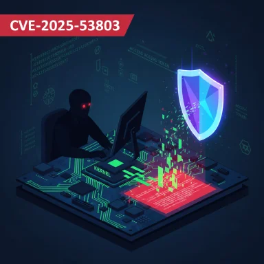 A hacker at a circuit-board computer exploits CVE-2025-53803 with a glowing shield.