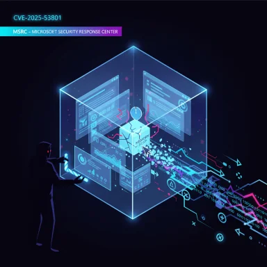 Neon cyber-security scene: a researcher analyzes holographic data around a glowing cube, CVE-2025-53801.