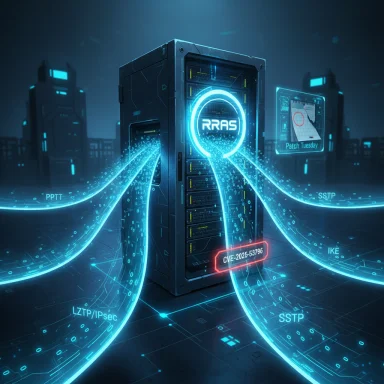Futuristic data center server emits neon blue data streams labeled RRAS, beside a Patch Tuesday panel.