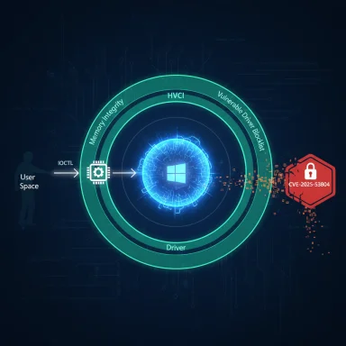 Digital Windows security diagram showing HVCI, Memory Integrity, and driver protections blocking a CVE exploit. Digital Windows security diagram showing HVCI, Memory Integrity, and driver protections blocking a CVE exploit.