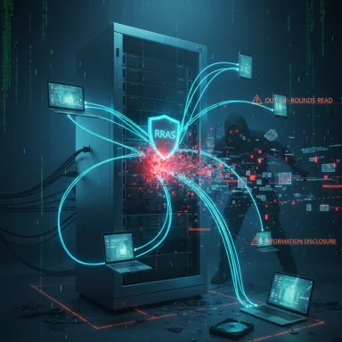 A hacker breaches a server rack, with glowing blue data streams and security alerts.