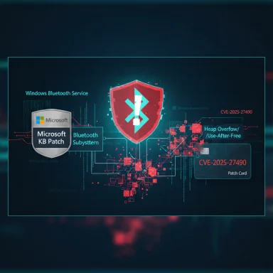 Infographic of Windows Bluetooth vulnerability CVE-2025-27490 with a patch card.