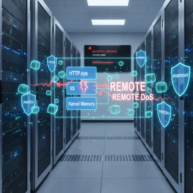 Server room with a holographic dashboard illustrating a remote DoS attack on HTTP.sys, IIS, and kernel memory.