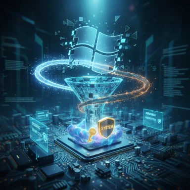 Futuristic data funnel channels the Windows logo into a glowing circuit-board core. Futuristic data funnel channels the Windows logo into a glowing circuit-board core.