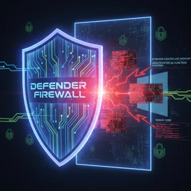 Neon shield labeled Defender Firewall guards a glowing cyber-security schematic.