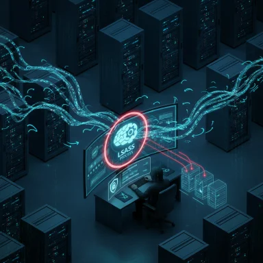 Data center scene of a technician monitoring a holographic LSASS process amid flowing data streams.