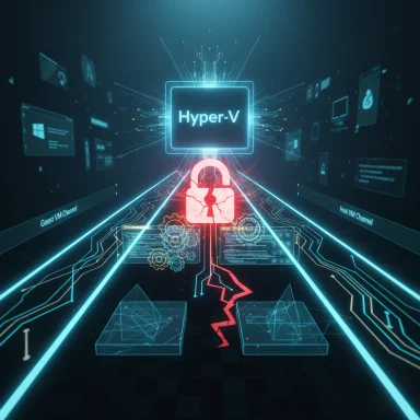 Neon cyber tunnel centered on Hyper-V, featuring a glowing padlock and holographic UI elements.