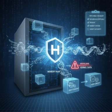 Futuristic server with a glowing security shield, showing memory, kernel data, and a patching checklist.