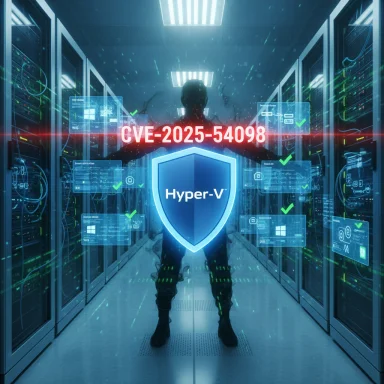 A silhouetted figure in a data center wields a glowing Hyper-V shield against CVE-2025-54098.