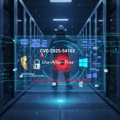 Hooded hacker in a data center gazes at a holographic display detailing CVE-2025-54103 Use-After-Free.